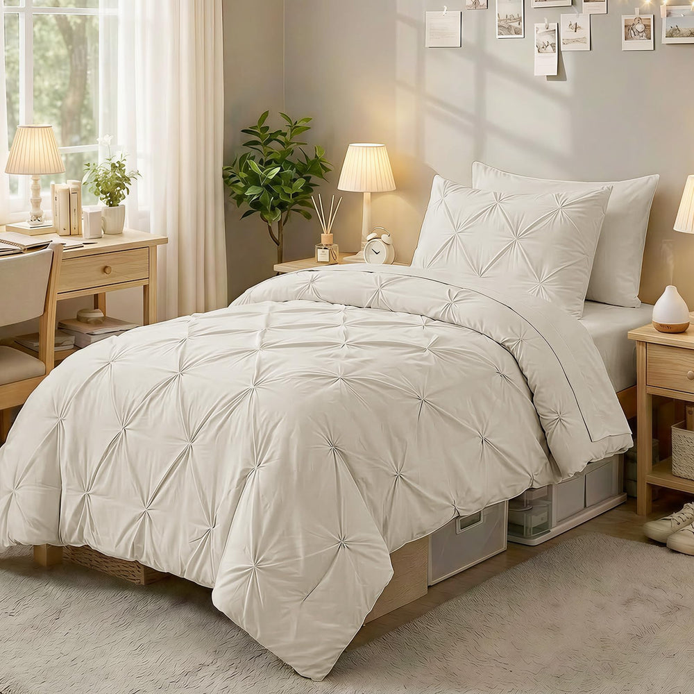 Sasttie comforter front view showing pintuck texture and beige elegance