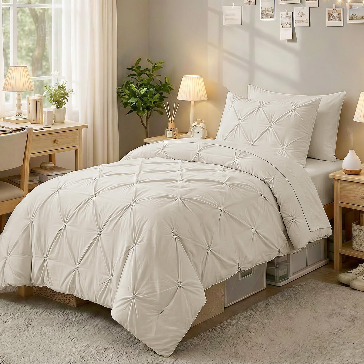 Sasttie comforter front view showing pintuck texture and beige elegance
