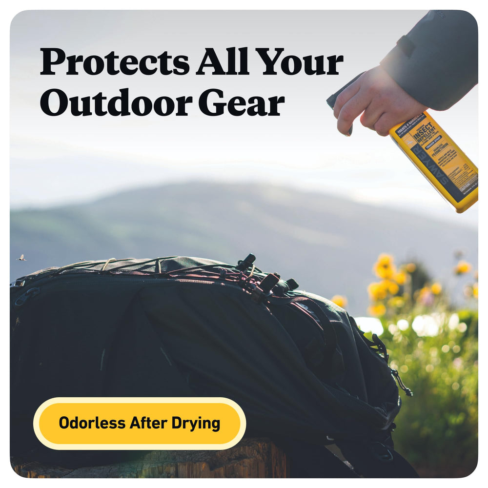 Sawyer bottle beside backpack showing portable, travel-ready size