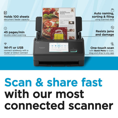ScanSnap iX2500 touchscreen closeup with intuitive controls and fast setup