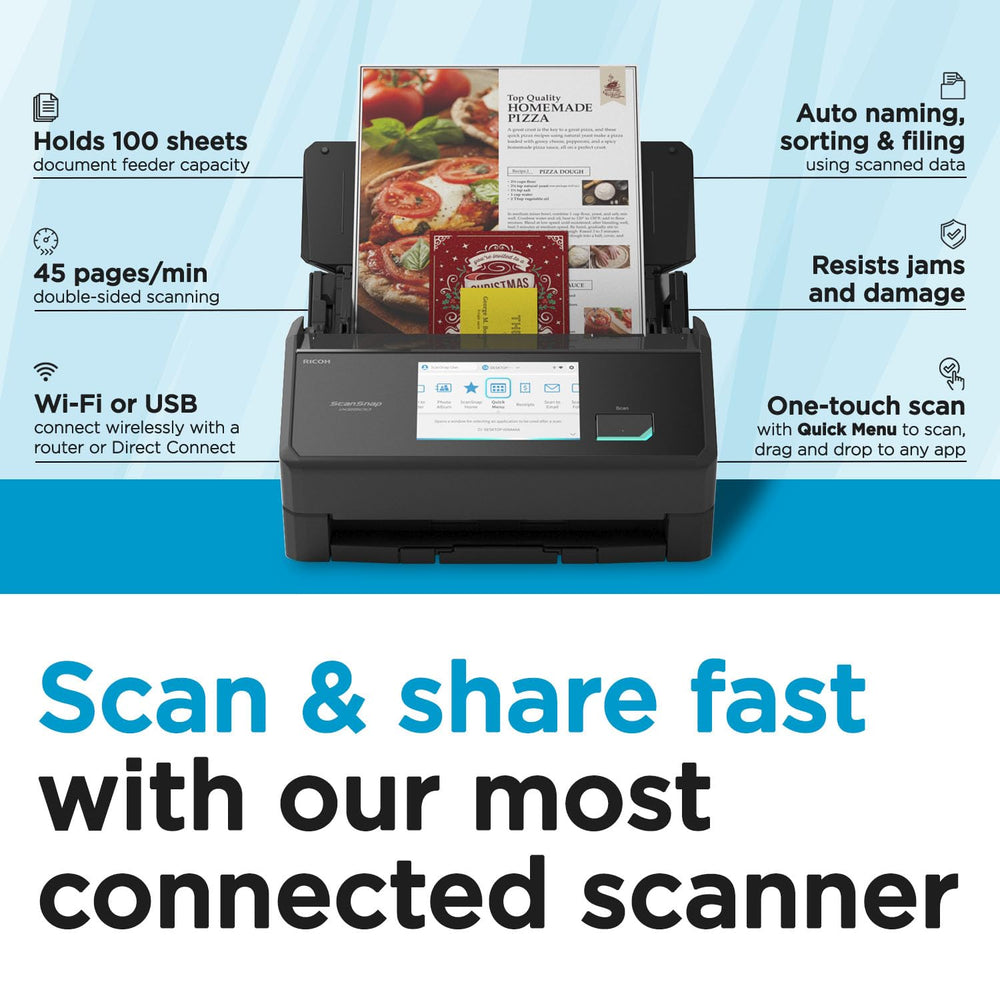 ScanSnap iX2500 touchscreen closeup with intuitive controls and fast setup