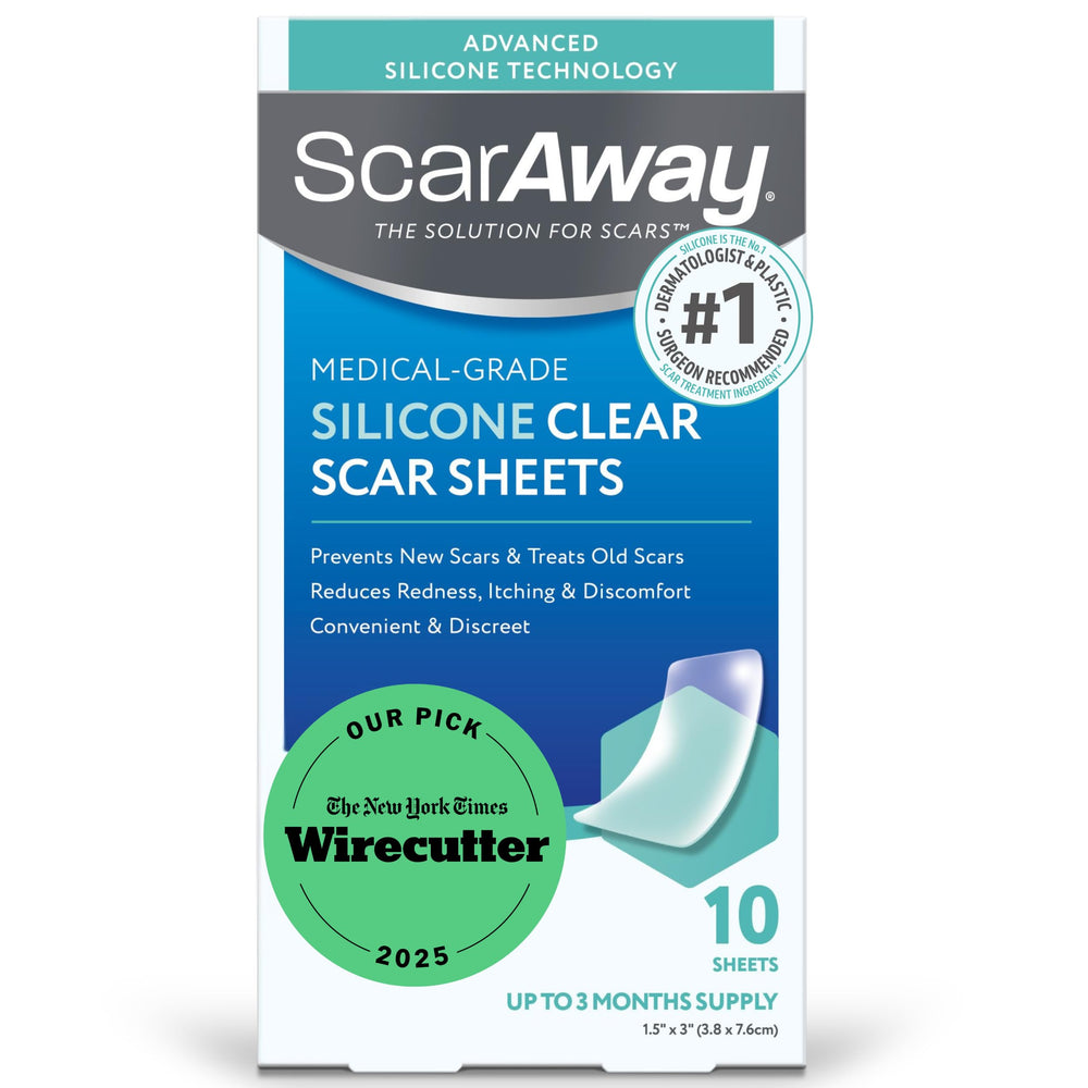 ScarAway front packaging showing 10 clear silicone sheets and benefits