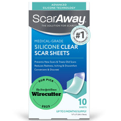 ScarAway front packaging showing 10 clear silicone sheets and benefits