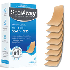 ScarAway empaque frontal mostrando 8 láminas y tamaño compacto