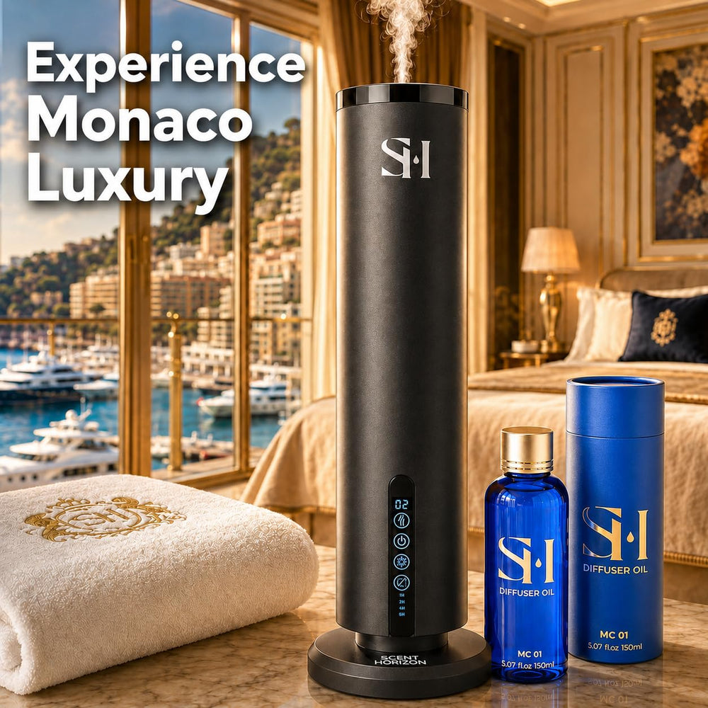 SCENTHORIZON Monaco junto a una regla y mano para comparar tamaño y volumen práctico