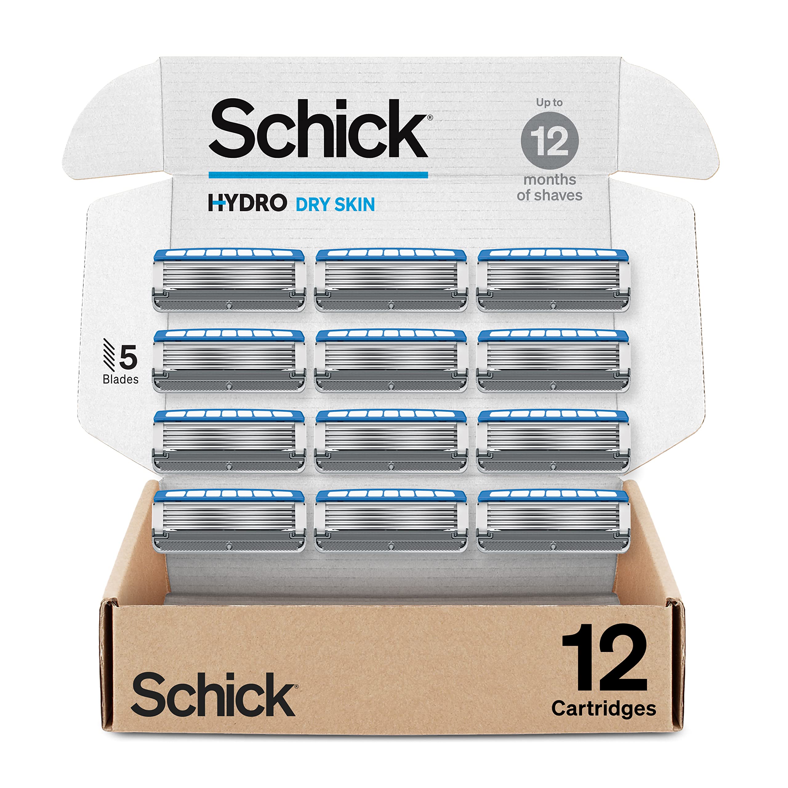 Schick Hydro frente del paquete mostrando 12 recambios y beneficios hidratantes