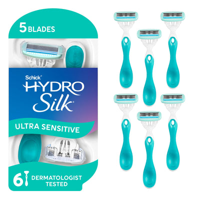Schick Hydro Silk vista frontal del paquete con 6 unidades y beneficio práctico