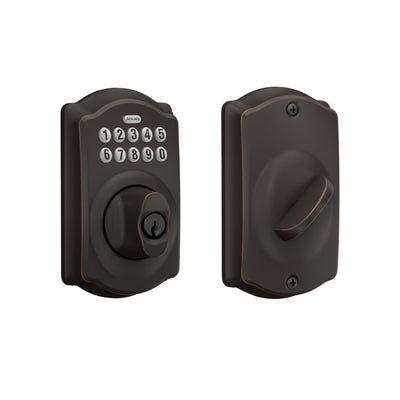 Schlage Camelot aged bronze front view showing secure keyless entry benefit