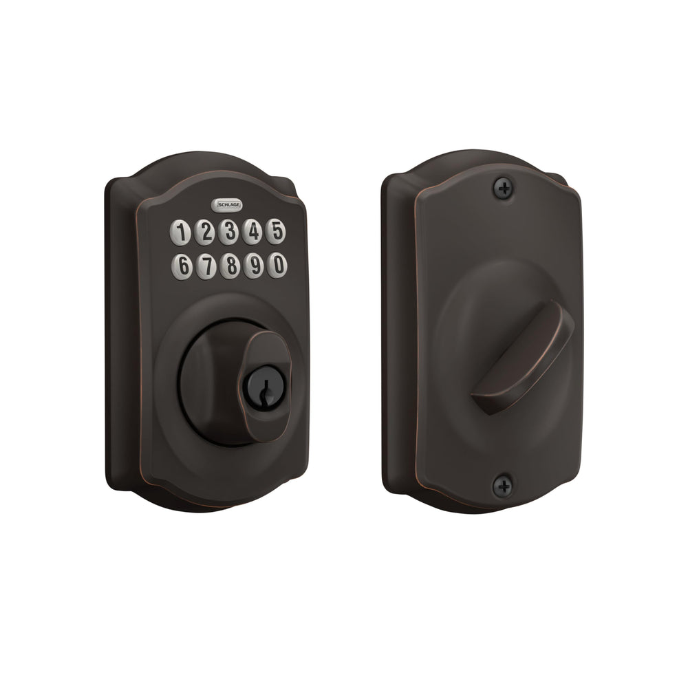 Schlage Camelot aged bronze front view showing secure keyless entry benefit