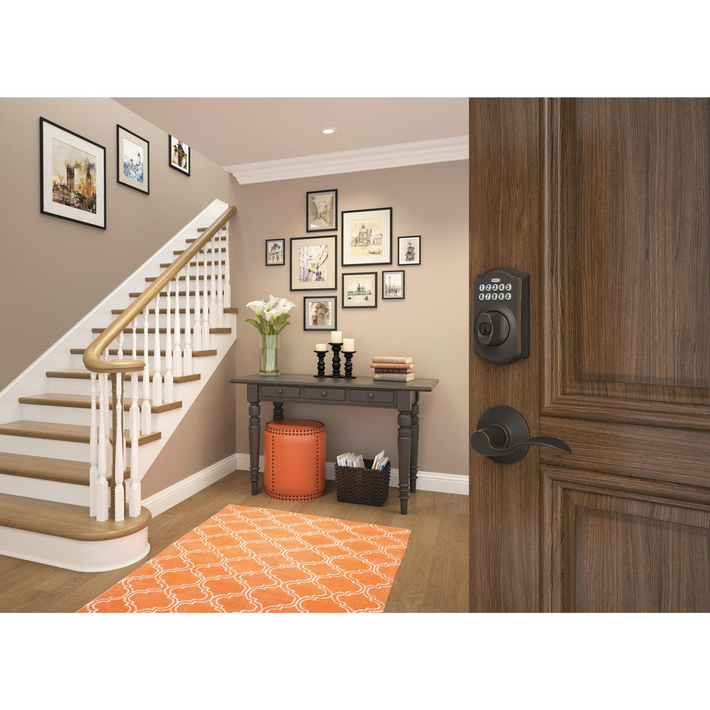 Schlage thumbturn and escutcheon detail highlighting durable brass finish benefit
