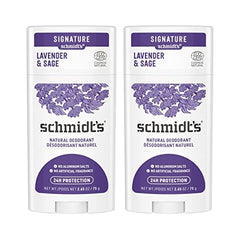 Schmidt's envase frontal mostrando tamaño 2.65oz y fragancia lavanda y salvia, frescura diaria