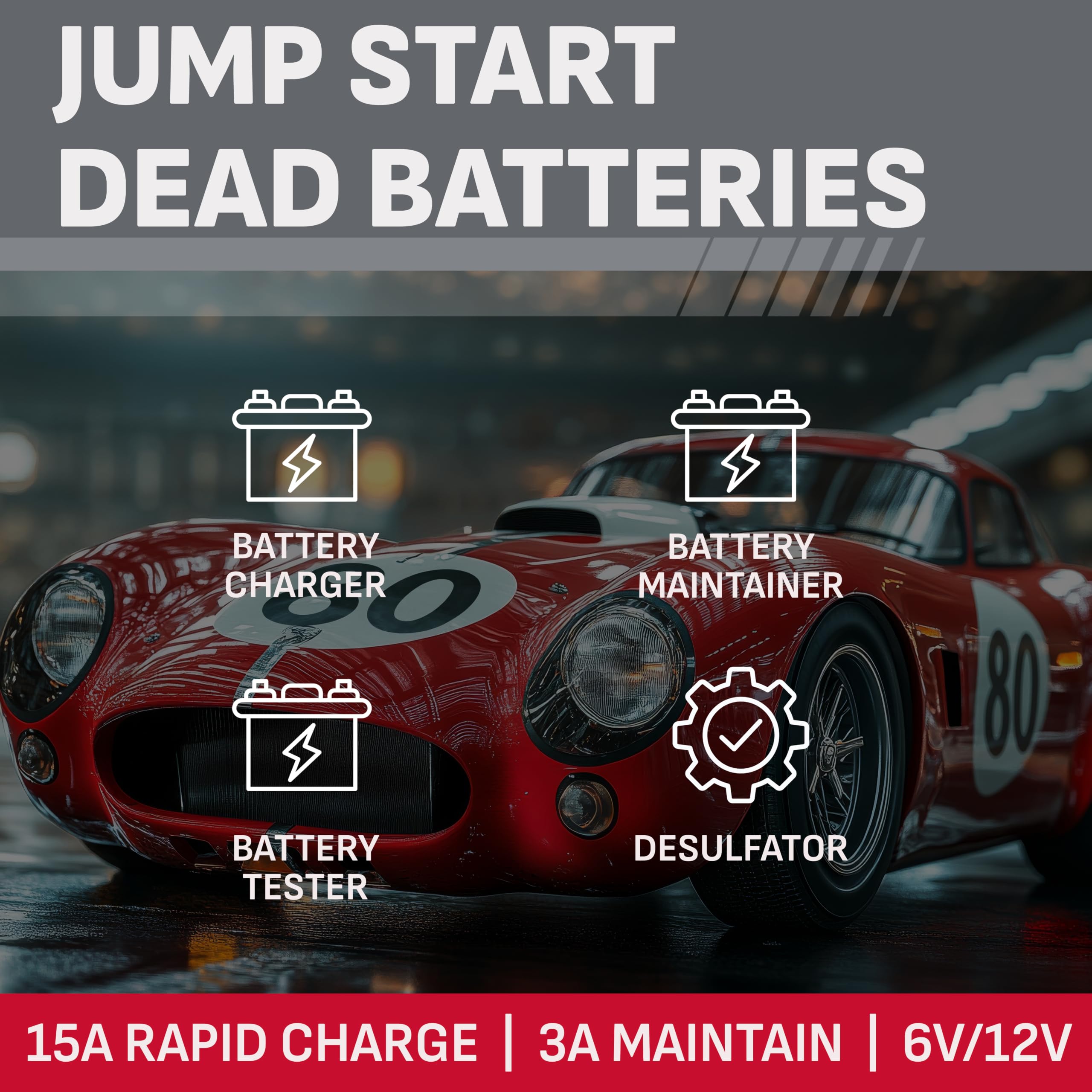 Schumacher SC1280 digital display closeup showing voltage and charge percent for monitoring
