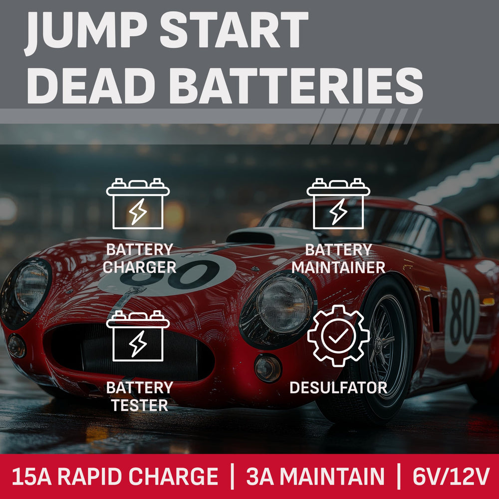Schumacher SC1280 digital display closeup showing voltage and charge percent for monitoring