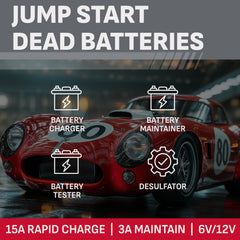 Schumacher SC1280 digital display closeup showing voltage and charge percent for monitoring