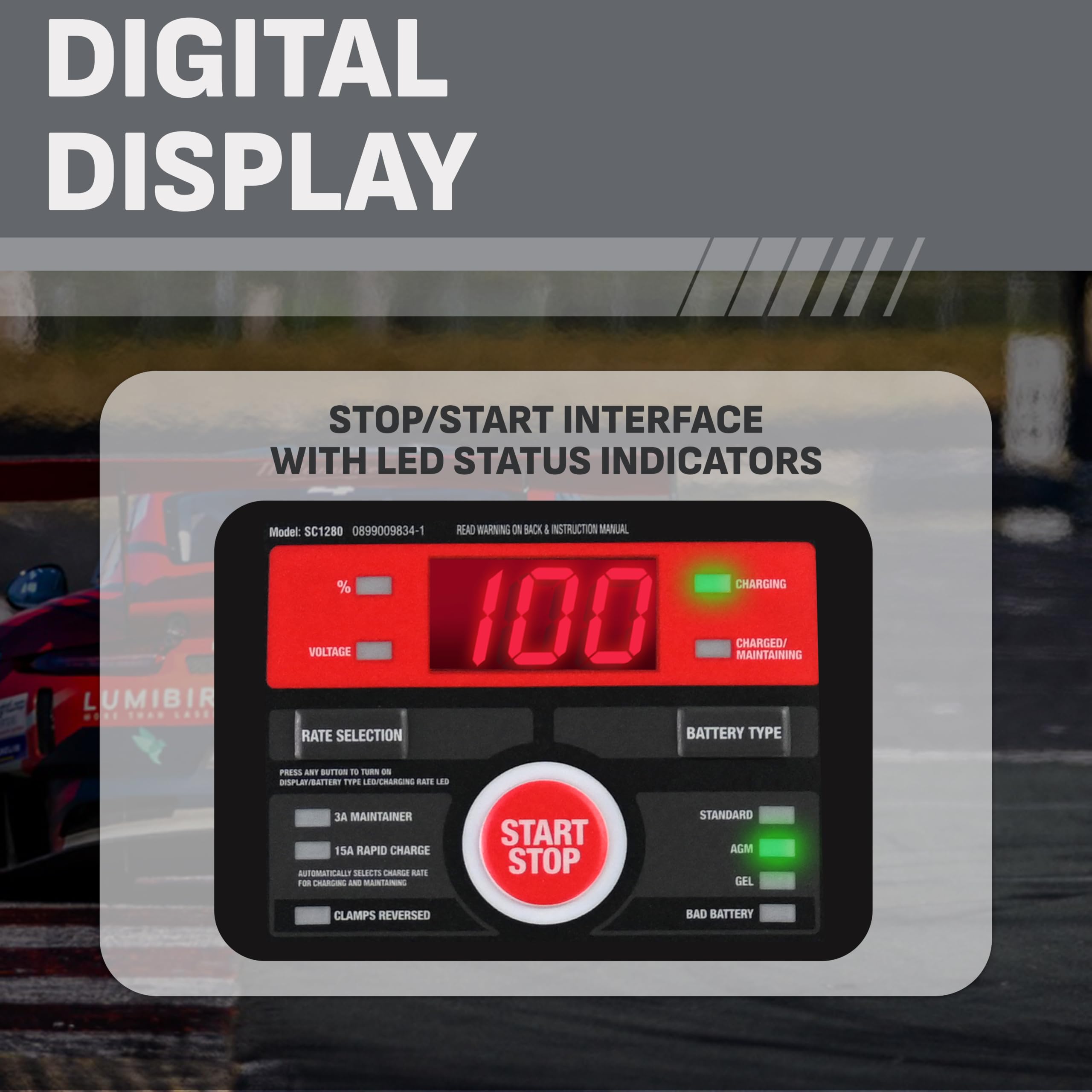 Schumacher SC1280 connected to a car battery demonstrating fast recovery charging
