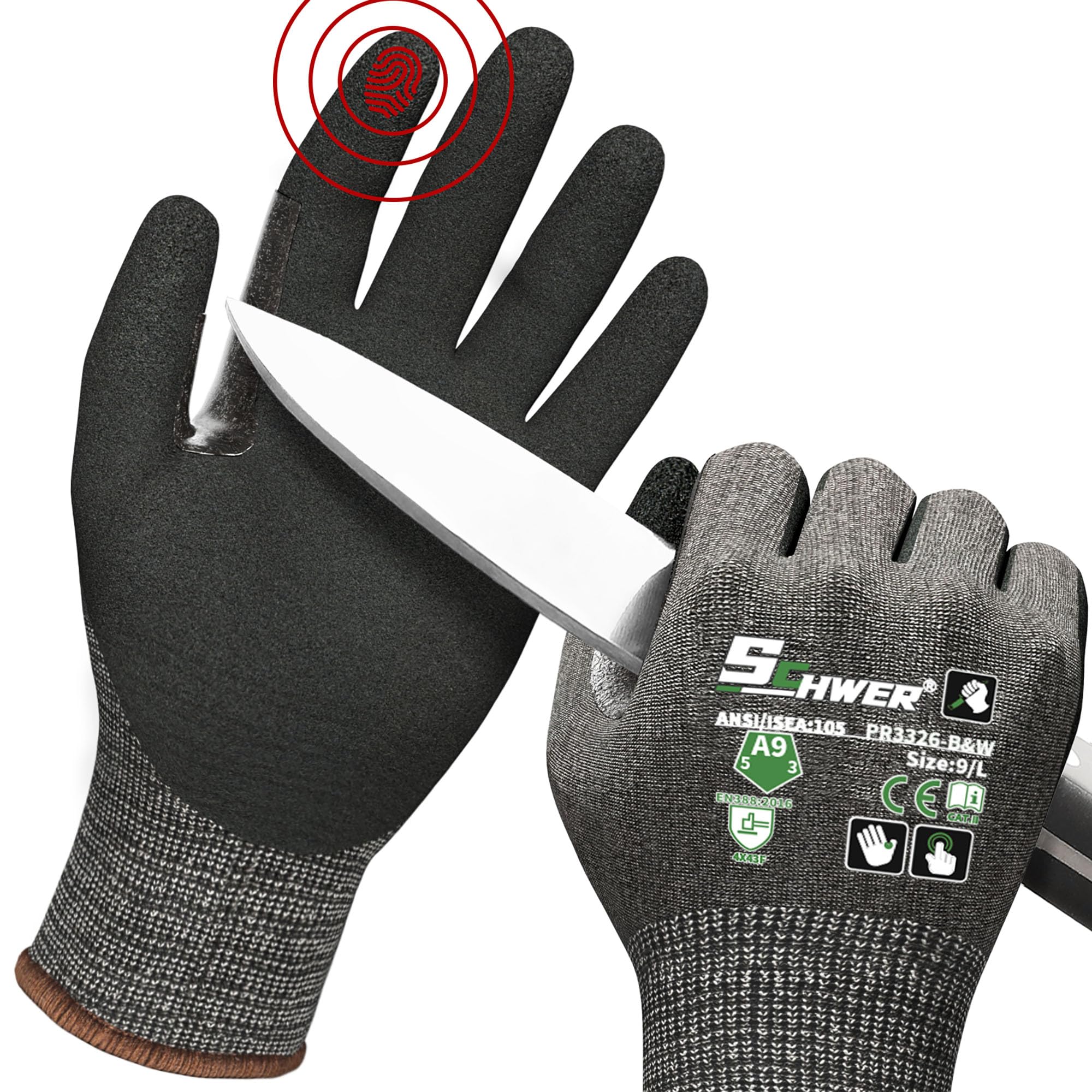Schwer guantes vista frontal mostrando protección A9 y diseño resistente
