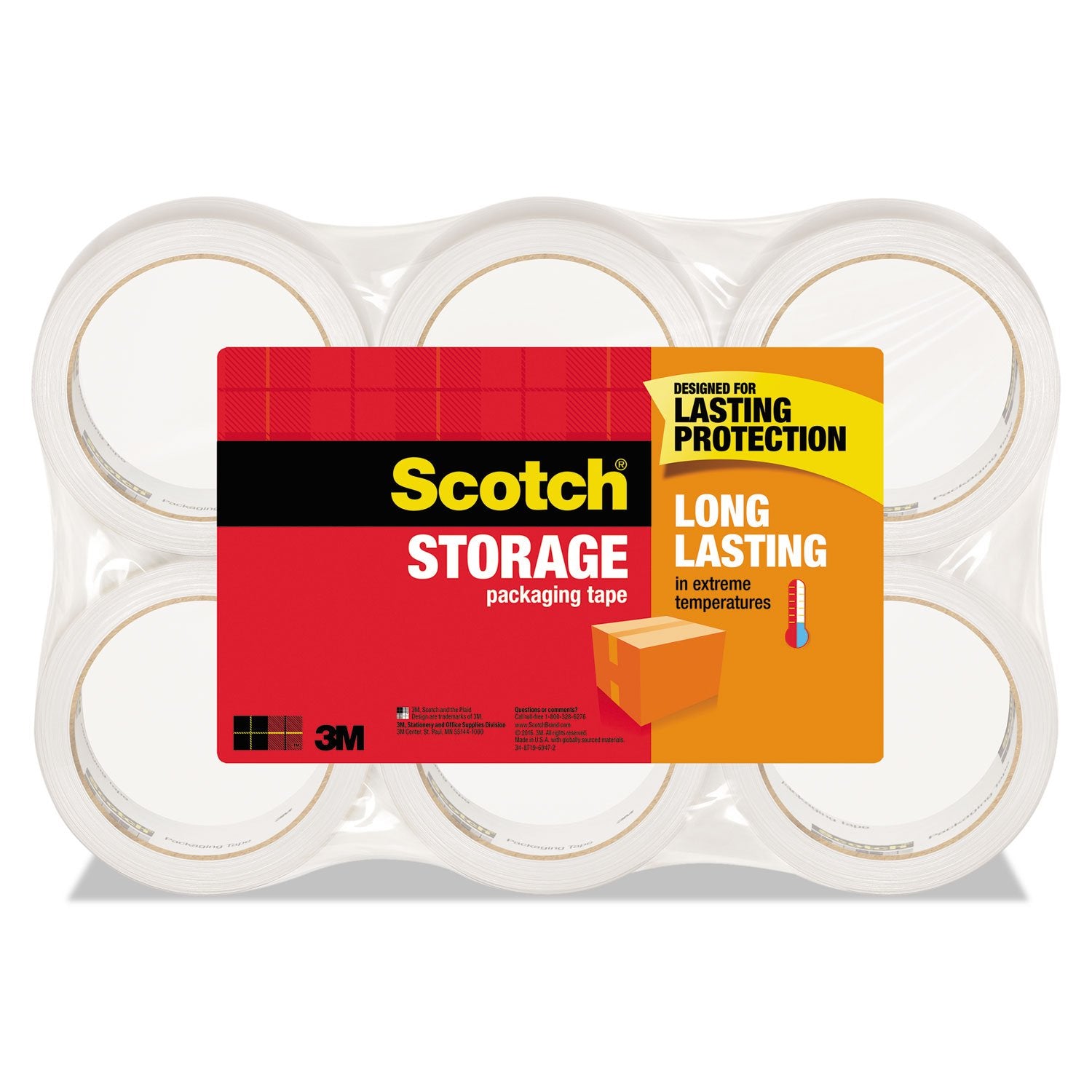 Scotch cinta frontal empaque muestra seis rollos y durabilidad