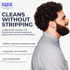 Scotch Porter producto en uso bajo la ducha limpiando barba eficazmente