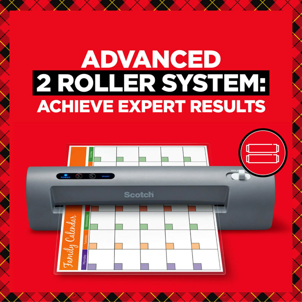 Scotch TL901X beside a letter-size sheet showing 9-inch width capacity for documents