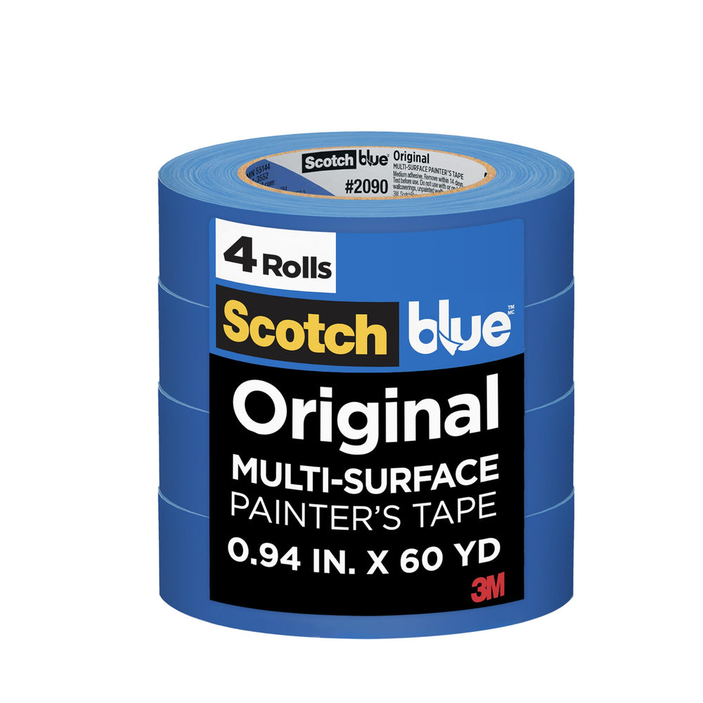 ScotchBlue frente del empaque mostrando 4 rollos y medidas, protección clara