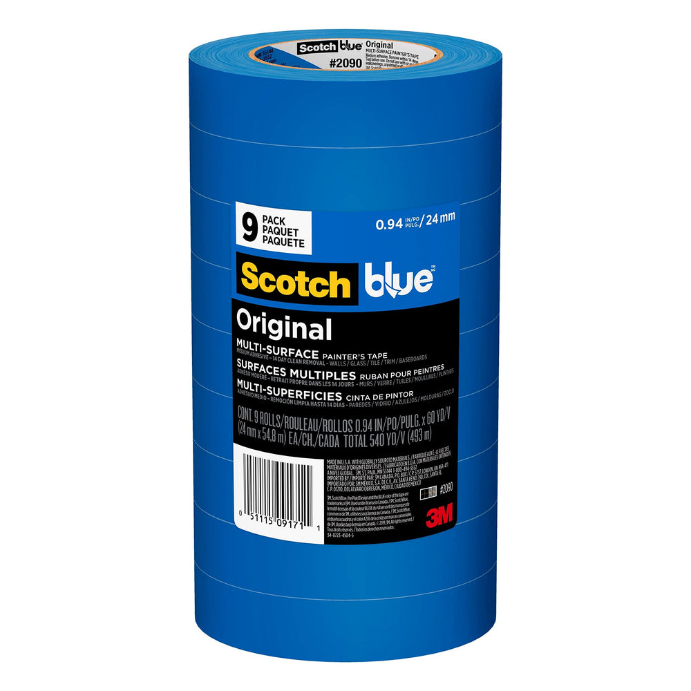 ScotchBlue front packaging showing nine 1-inch rolls and product benefits