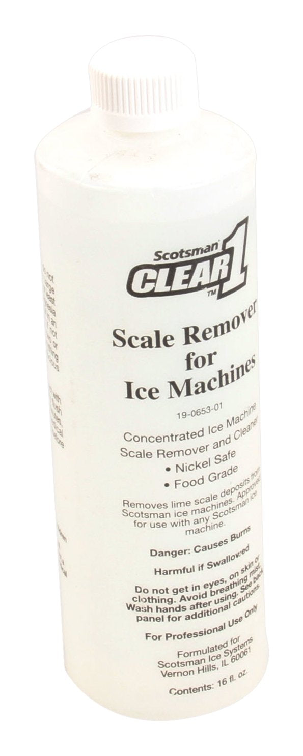 Scotsman frasco de limpieza Clear1 16 oz mostrando etiqueta y facilidad de uso