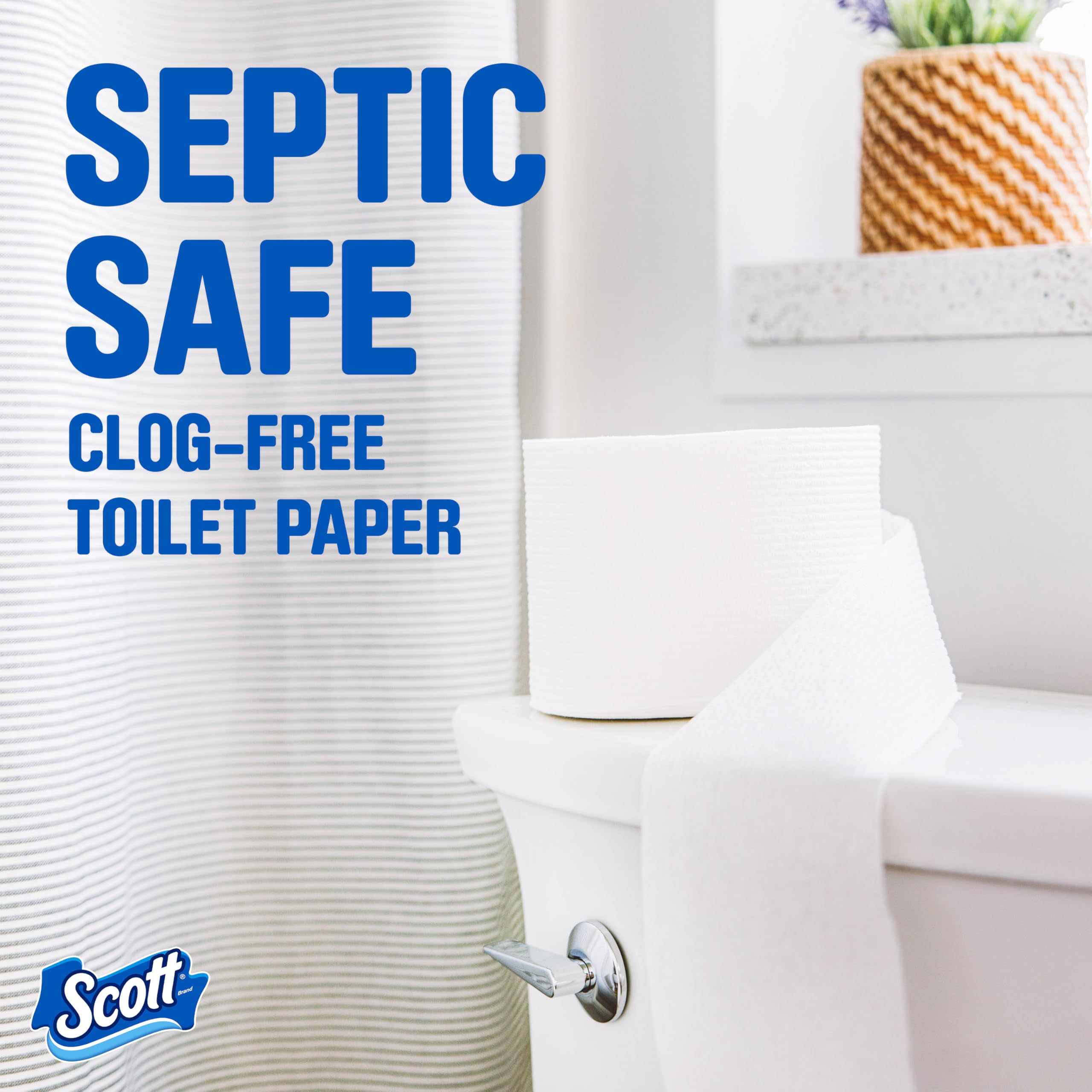 Scott ComfortPlus etiqueta con información septic-safe y especificaciones claras