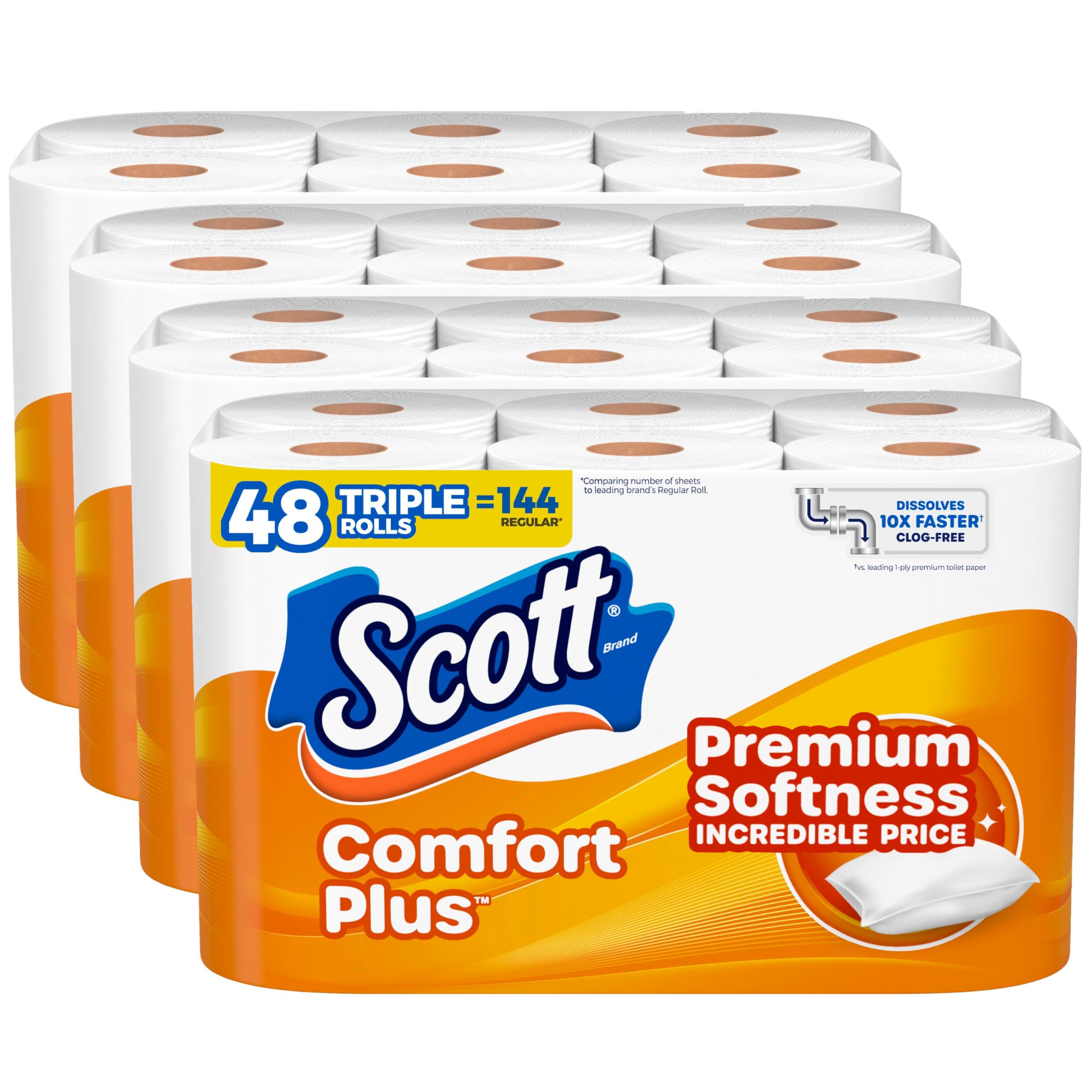 Scott ComfortPlus empaque frontal mostrando 48 rollos y ventajas del producto