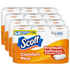 Scott ComfortPlus empaque frontal mostrando 48 rollos y ventajas del producto