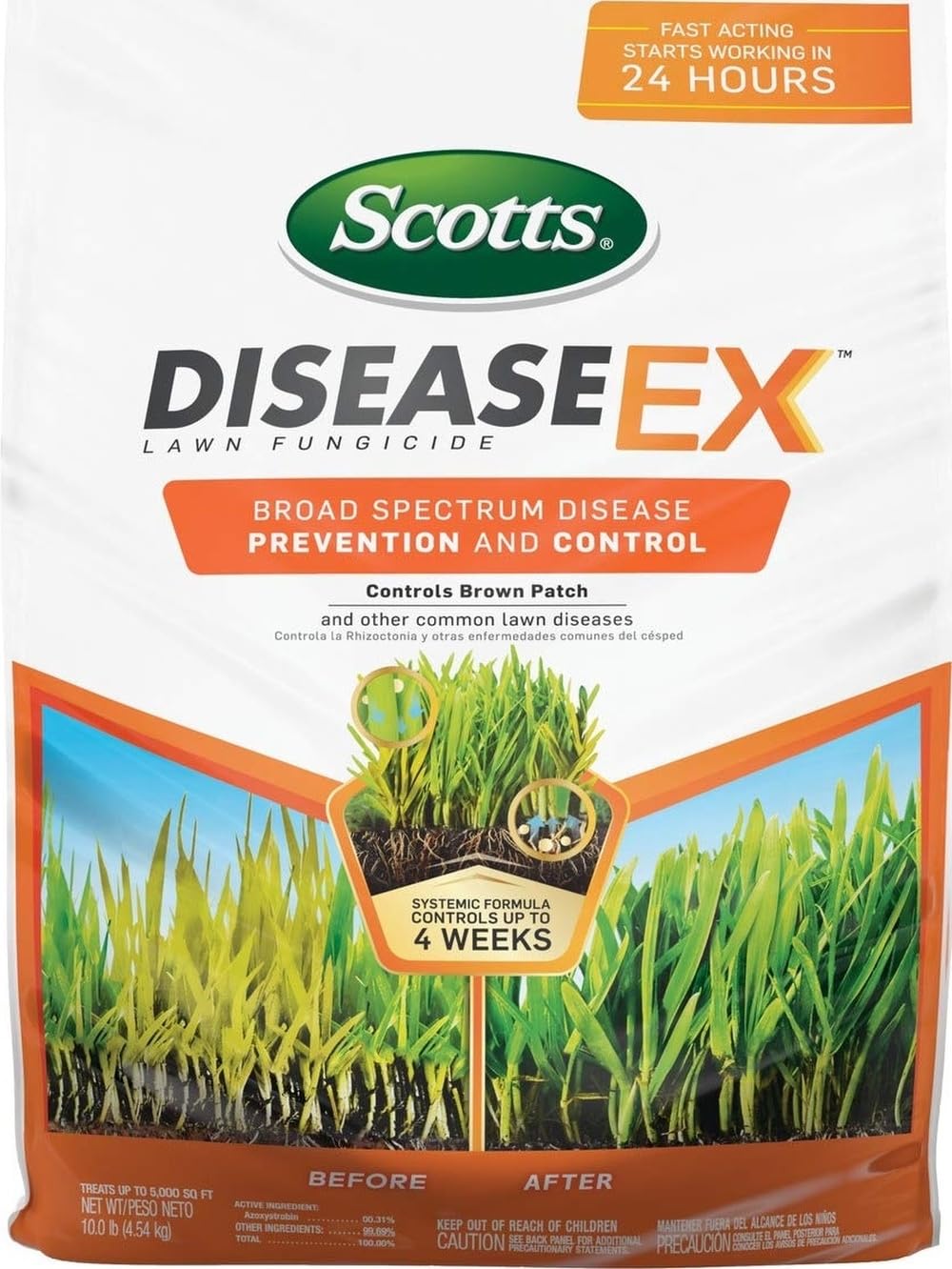 Scotts DiseaseEx front packaging showing product and benefit of broad disease control
