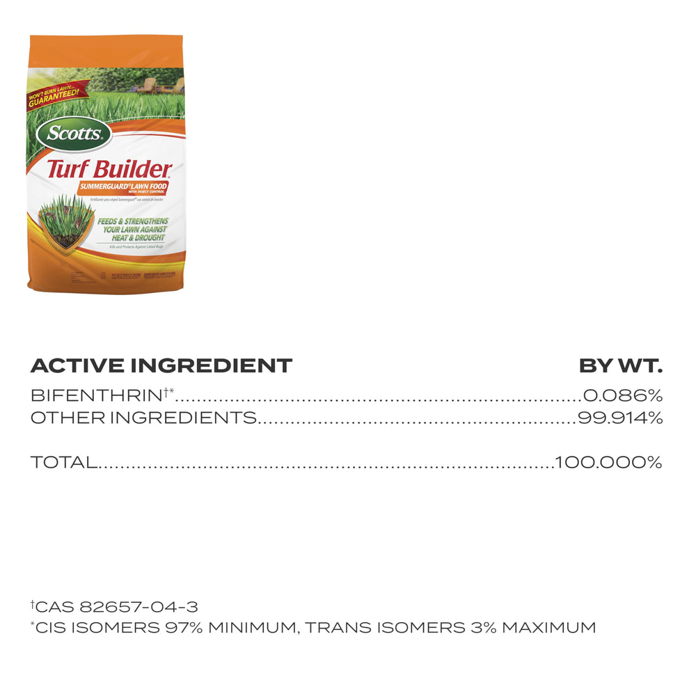 Scotts etiqueta del producto con instrucciones y lista de insectos controlados
