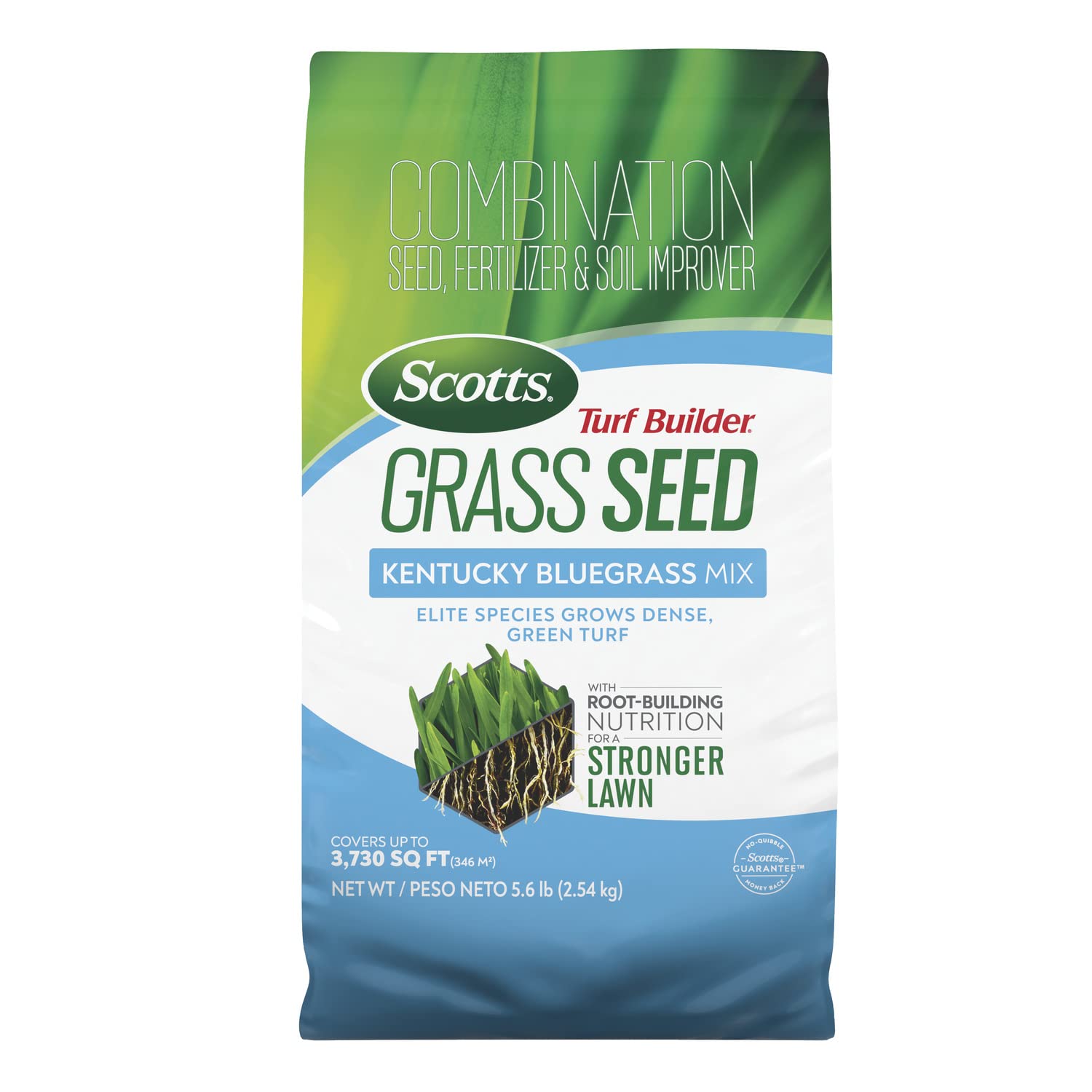 Scotts paquete frontal mostrando mezcla Kentucky Bluegrass y beneficio de raíces fuertes