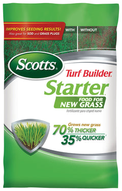 Scotts starter fertilizer front packaging showing product and coverage benefits