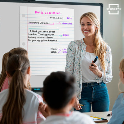 Scribbledo in-classroom demonstration with teacher showing letters to students