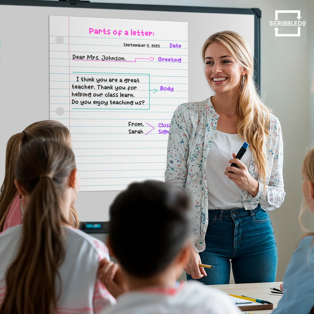 Scribbledo in-classroom demonstration with teacher showing letters to students