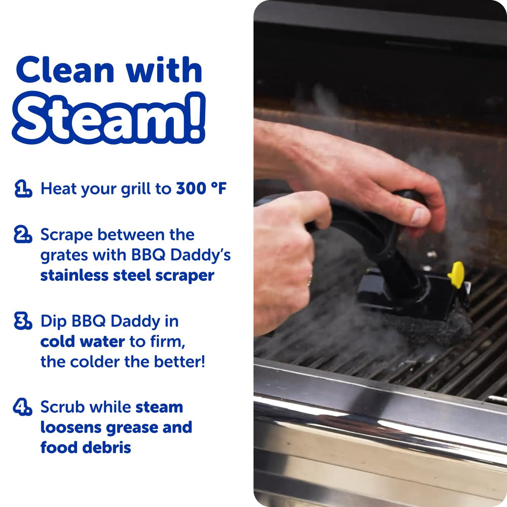 Scrub Daddy stainless-steel scraper detail for removing stubborn char and buildup