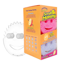 Scrub Mommy paquete frontal mostrando seis esponjas y Daddy Caddy, organización inmediata