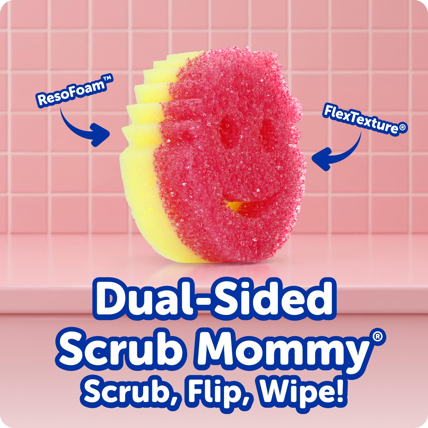 Scrub Mommy primer plano de la textura FlexTexture, limpieza adaptable con calor