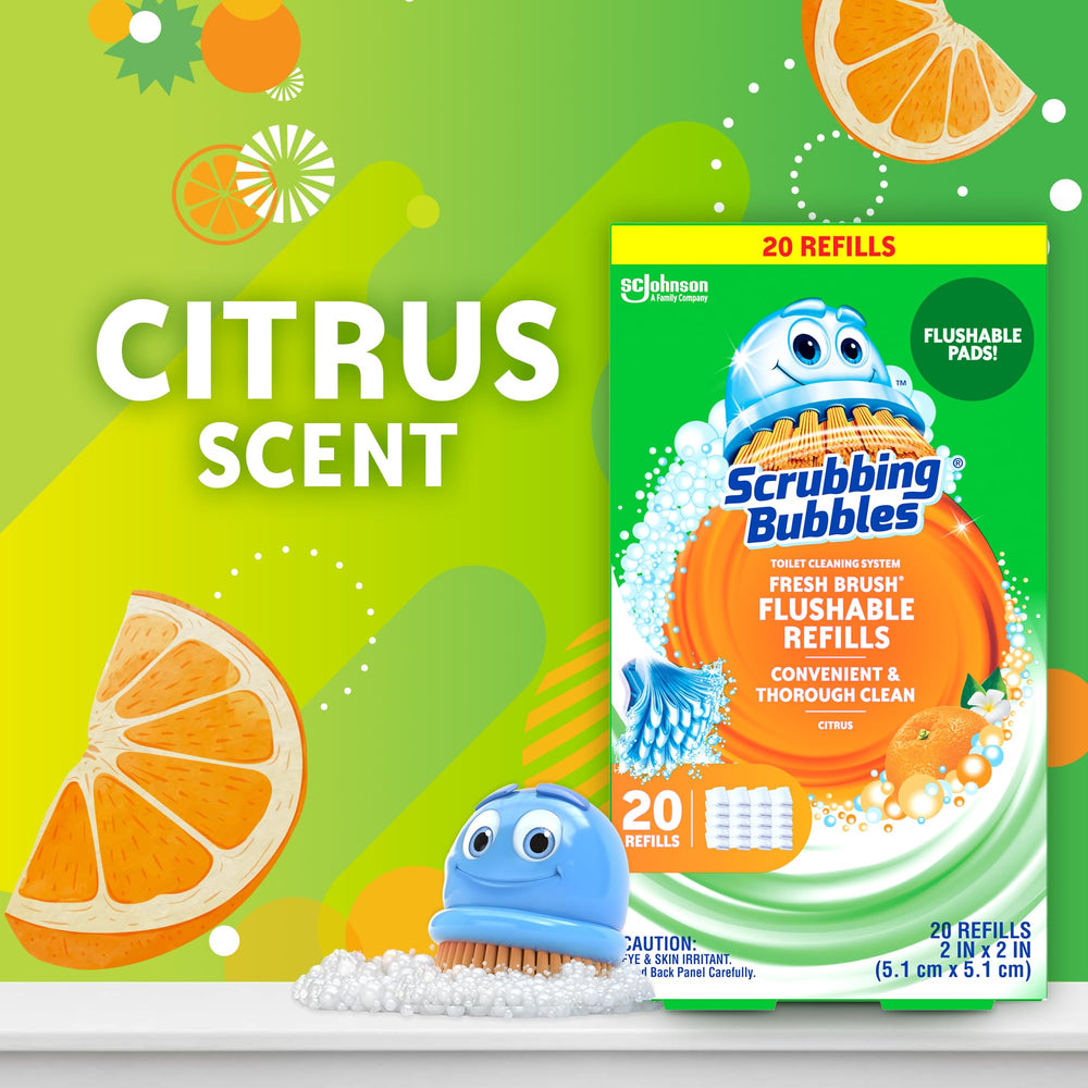 Scrubbing Bubbles producto en baño real dejando aroma cítrico fresco