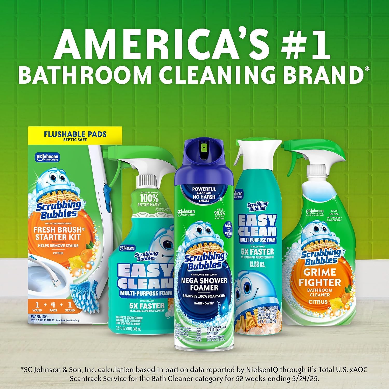 Scrubbing Bubbles caja abierta con las tres tabletas por paquete visibles