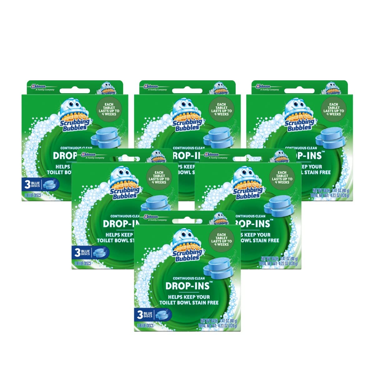 Scrubbing Bubbles frente del empaque mostrando tablets y beneficios