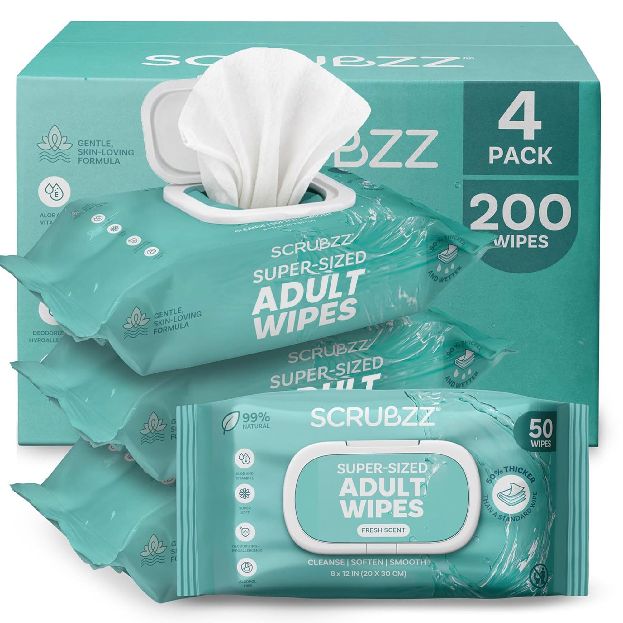 Scrubzz empaque frontal mostrando 200 toallitas y beneficio de limpieza total