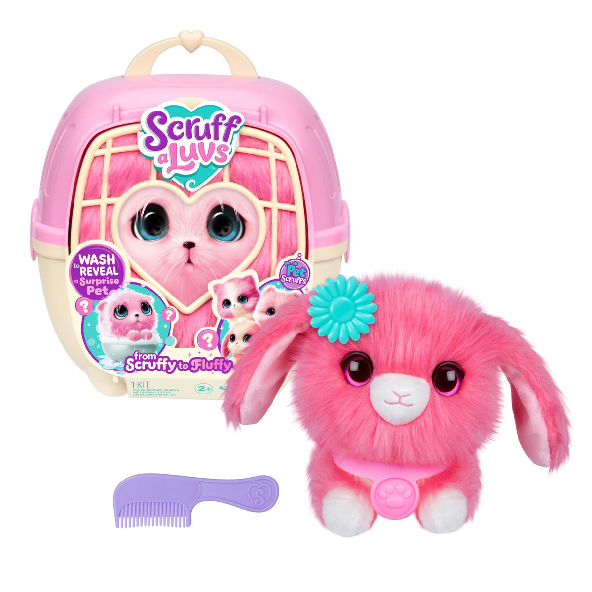 SCRUFFALUVS frente del empaque mostrando la sorpresa y atractivo del juguete