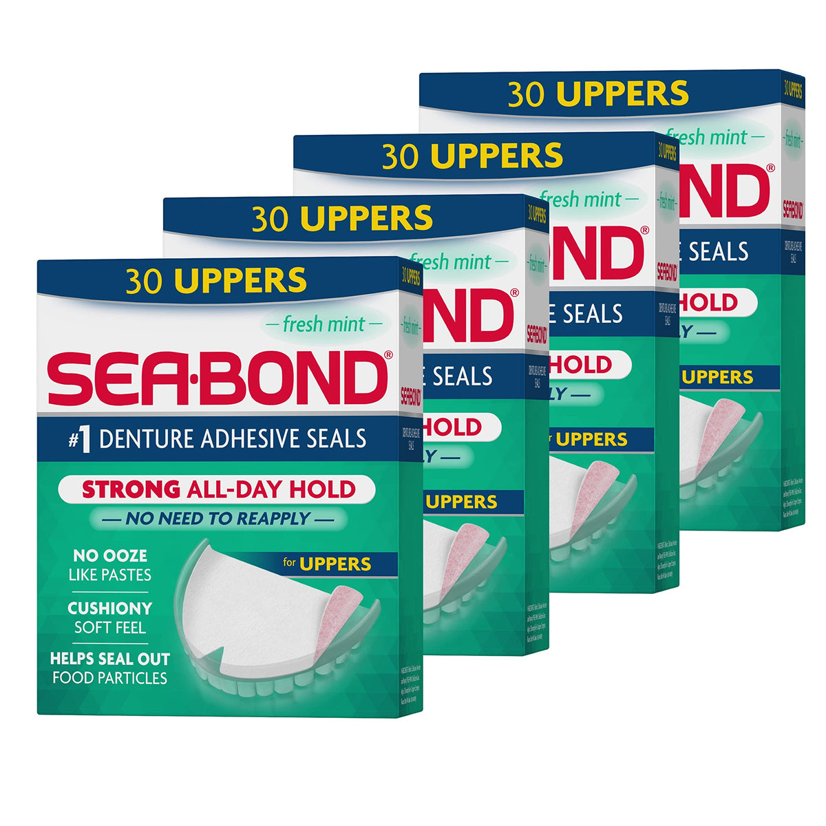 Sea-Bond paquete frontal con 4 cajas y menta fresca que muestra cantidad
