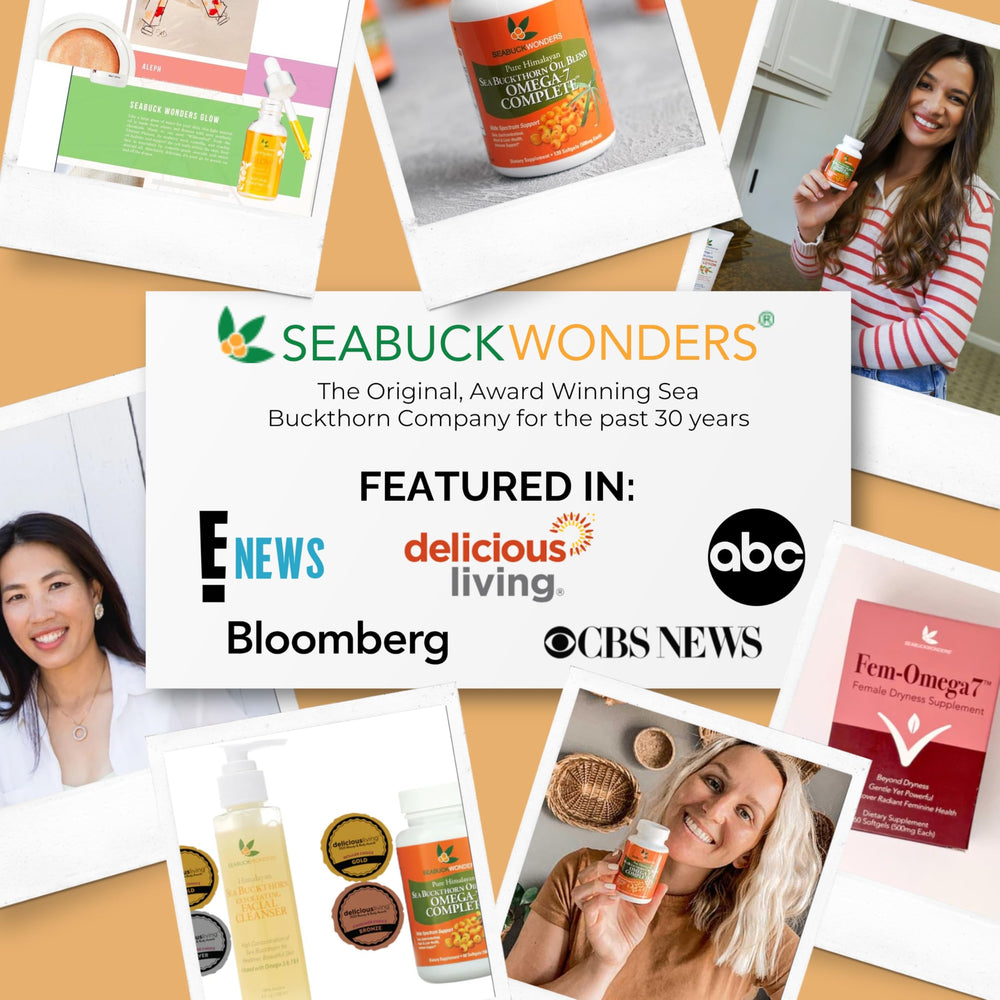 SEABUCKWONDERS botella junto a hojas para imagen natural y sostenible