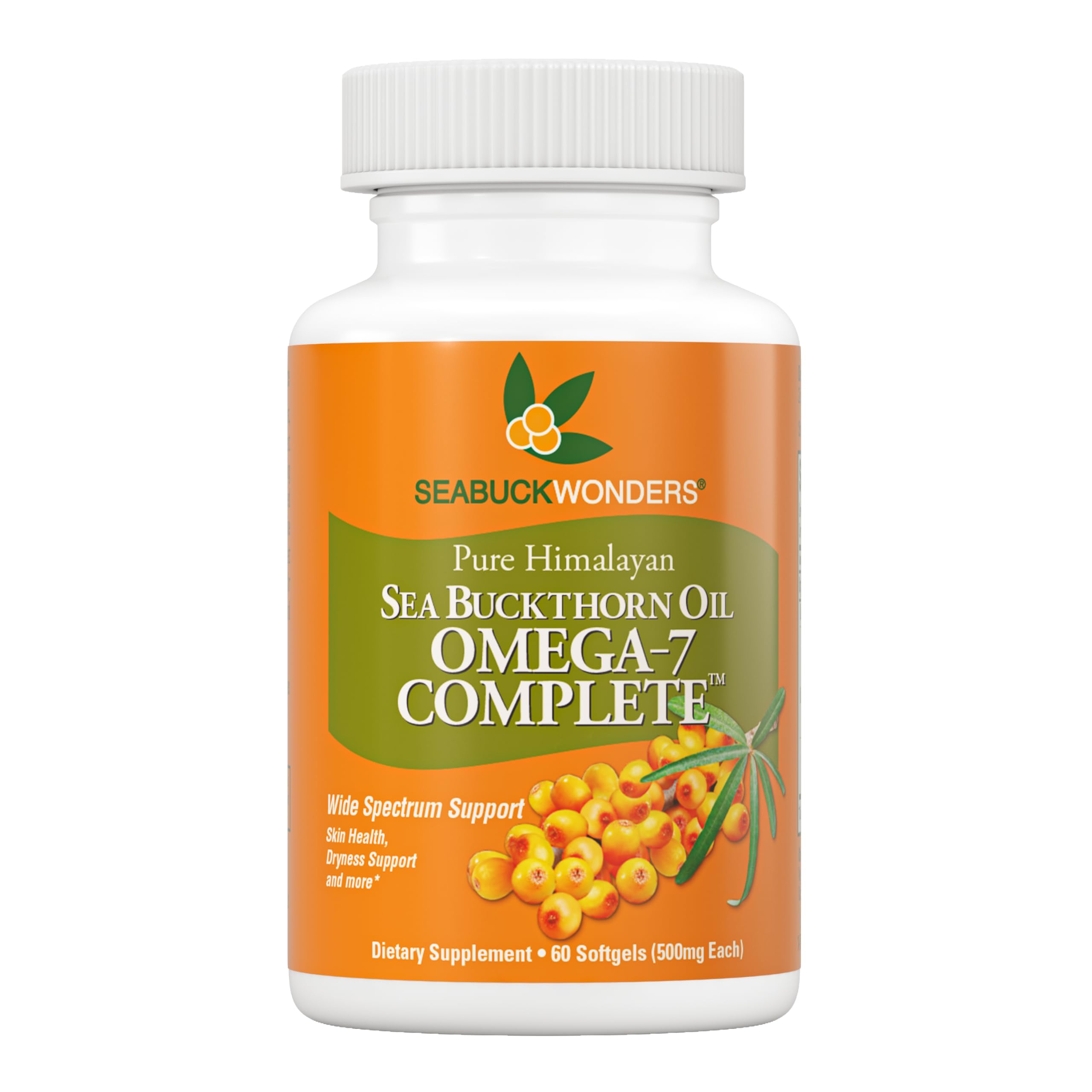 SEABUCKWONDERS frente del envase mostrando 60 softgels y pureza orgánica