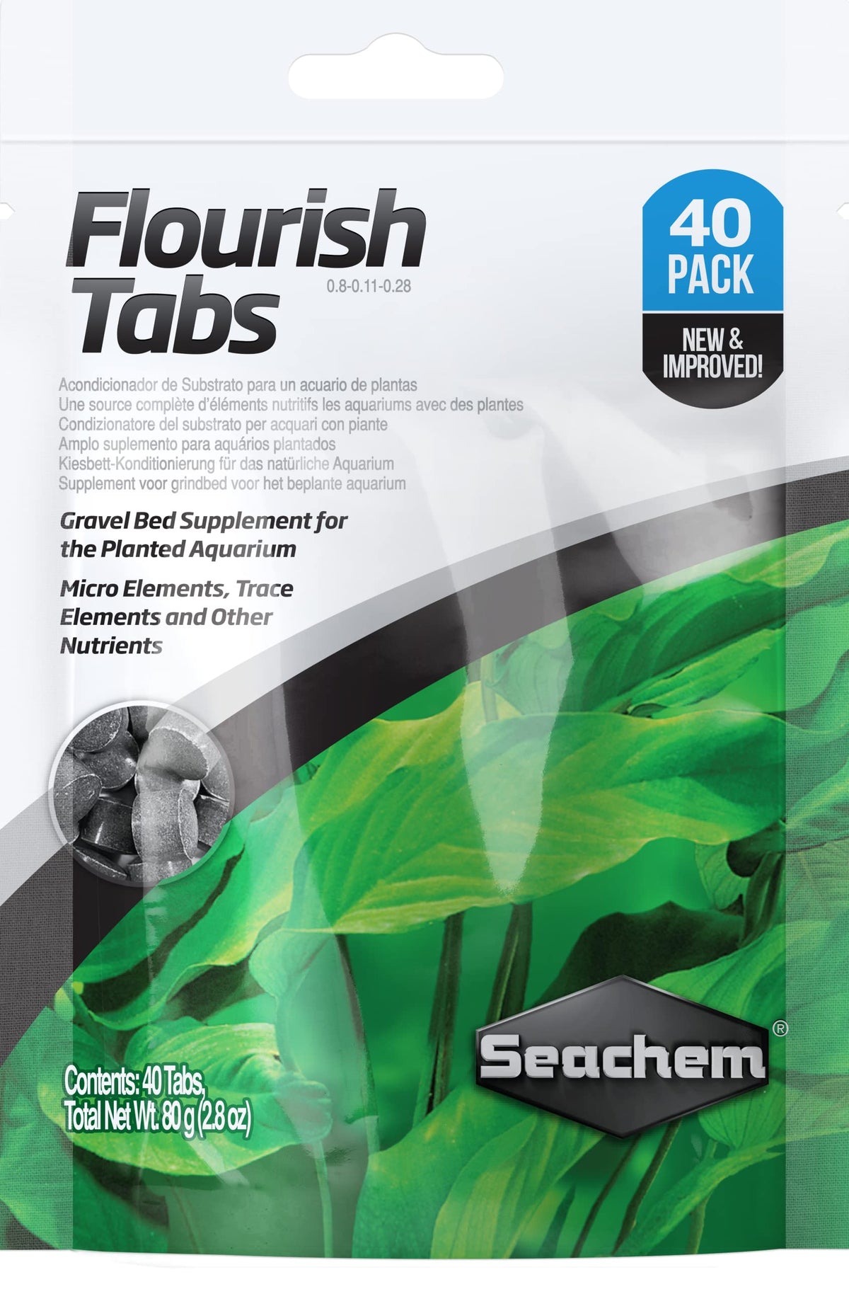 Seachem Flourish Tabs frontal del envase mostrando las 40 tabletas y beneficios de raíz