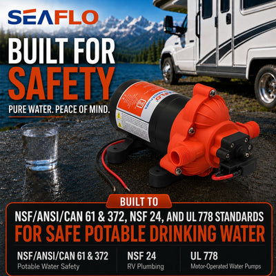 SEAFLO etiqueta con especificaciones visibles para verificar 3.0 GPM y 45 PSI