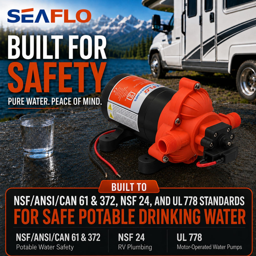 SEAFLO etiqueta con especificaciones visibles para verificar 3.0 GPM y 45 PSI