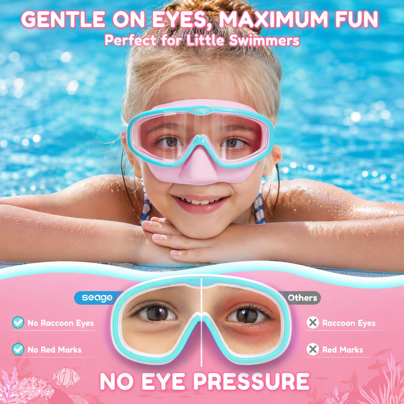Seago niña usando gafas en piscina con visión clara y segura